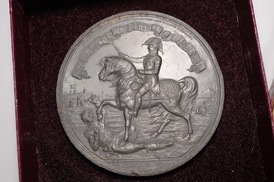 Four 19th/20th century commemorative medals; Wellington, Commander-in-Chief of the Army, 1827, a copper plated medal by J. Henning, Arthur Duke of Wellington prize medal, by Thomason, a Blucher soft metal medal, by Halli